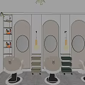 Modern Hair Salon Interior Featuring Styling Chairs Round Mirrors Hanging Lights And Product Shelves