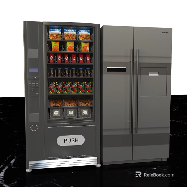 Commercial Equipment Featuring Modern Vending Machine With Push Button And Double Door Refrigerator 3d model 