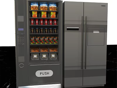 Commercial Equipment Featuring Modern Vending Machine With Push Button And Double Door Refrigerator 3d model