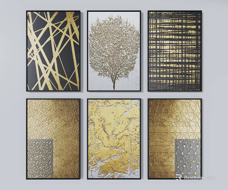Modern Assorted Decorative Wall Art With Gold Black Frames And Geometric Tree Patterns 3d model