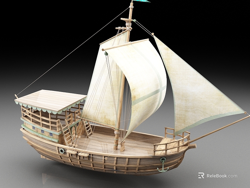 Traditional Wooden Sailing Boat With White Sails And Upper Deck Railings 3d model 