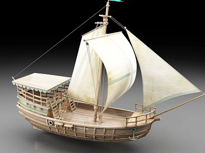 Traditional Wooden Sailing Boat With White Sails And Upper Deck Railings 3d model