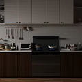 Modern Kitchen Interior With White Upper Cabinets Wooden Lower Cabinets Hanging Utensils Stove And Microwave