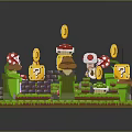Mario Game Landscape With Red Mushrooms Green Pipes Brick Paths Question Mark Blocks And Coins