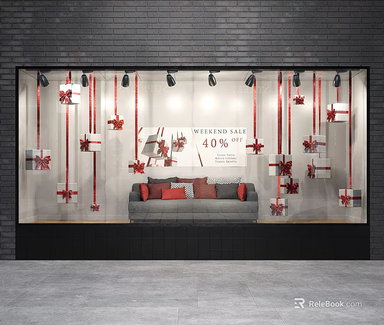 Shop Window Display With Gray Sofa Red Cushions Gift Boxes Red Ribbons And 40% Off Sign 3d model 