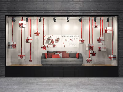 Shop Window Display With Gray Sofa Red Cushions Gift Boxes Red Ribbons And 40% Off Sign 3d model