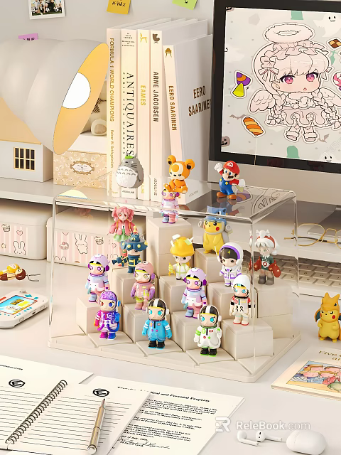 Colorful Figurines Display On Transparent Step Stand With Desktop Accessories And Computer 3d model 