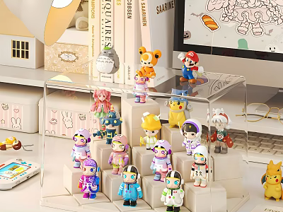 Colorful Figurines Display On Transparent Step Stand With Desktop Accessories And Computer 3d model