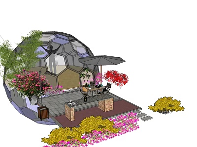 Outdoor Spherical Glass Structure Garden Patio Seating Area With Umbrella Flowers And Bushes 3d model