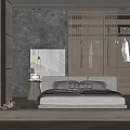 Modern Minimalist Bedroom Interior Design With Wooden Wardrobe And Stone Accent Wall