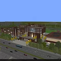 Modern Circular School Building with Green Roof Playground and Play Equipment Surrounded by Trees
