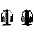 Two Modern Black Over Ear Headphones With Sleek Charging Dock Stands 3d model
