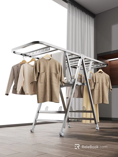 Stainless Steel Foldable Clothes Drying Rack With Garments 3d model 