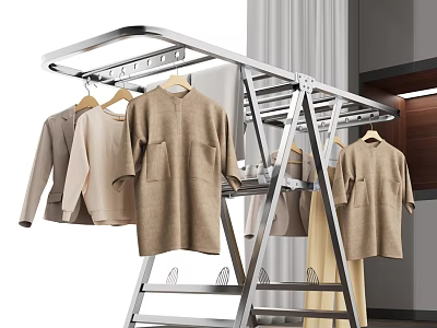Stainless Steel Foldable Clothes Drying Rack With Garments 3d model
