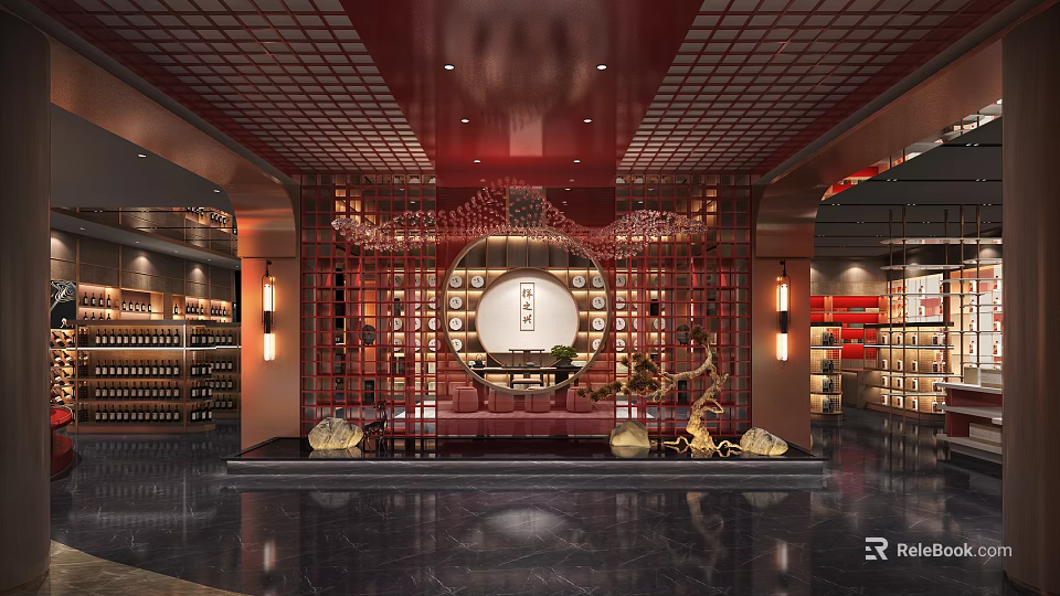 Traditional Chinese Style Tobacco Liquor Store Interior With Red Decor And Displays 3d model 