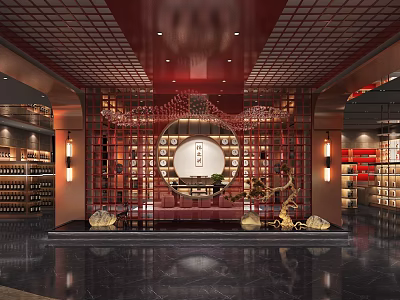 Traditional Chinese Style Tobacco Liquor Store Interior With Red Decor And Displays 3d model