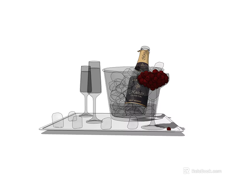 Wine Bottle and Champagne Glasses in Ice Bucket with Roses on Stylish Tray 3d model 