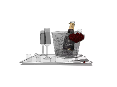Wine Bottle and Champagne Glasses in Ice Bucket with Roses on Stylish Tray 3d model