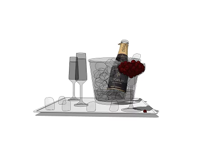 Wine Bottle and Champagne Glasses in Ice Bucket with Roses on Stylish Tray 3d model