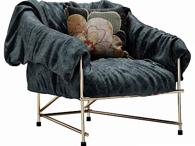 Dark Blue Velvet Armchair with Brass Metal Frame and Decorative Floral Pattern Pillows 3d model