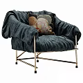 Dark Blue Velvet Armchair with Brass Metal Frame and Decorative Floral Pattern Pillows