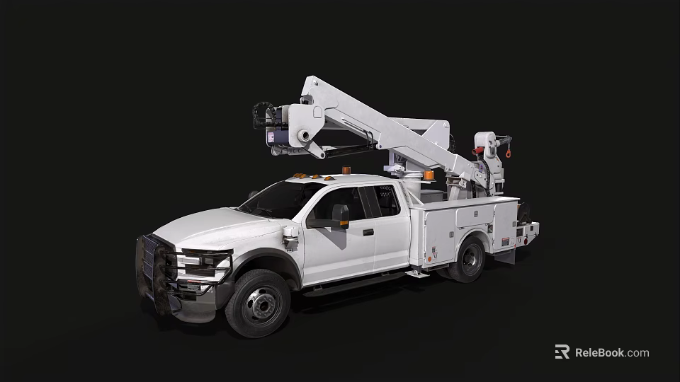 White Crew Cab Utility Truck With Aerial Lift Crane Arm For Work 3d model 