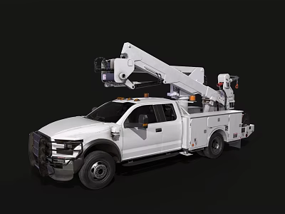 White Crew Cab Utility Truck With Aerial Lift Crane Arm For Work 3d model