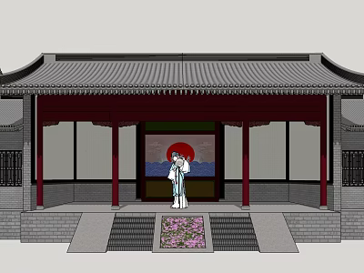 Traditional Chinese Ancient Architecture with Tile Roof Red Columns Porch Figure and Flower Bed 3d model