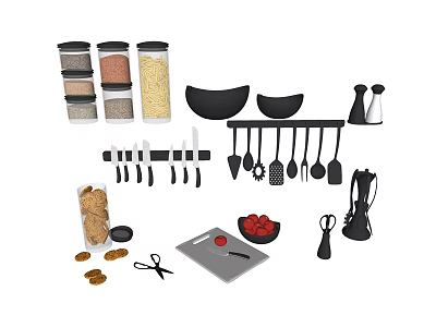 Essential Kitchen Utensils Set With Spices Jars Knives Hanging Tools Bowls And Cutting Board 3d model