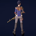 Female Warrior Holding Golden Decorated Gun Wearing Blue And Gold Outfit With Armor Details