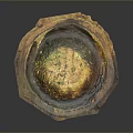 Natural Scenic Shell Shaped Rock Formation With Golden Copper Sheen On Dark Background
