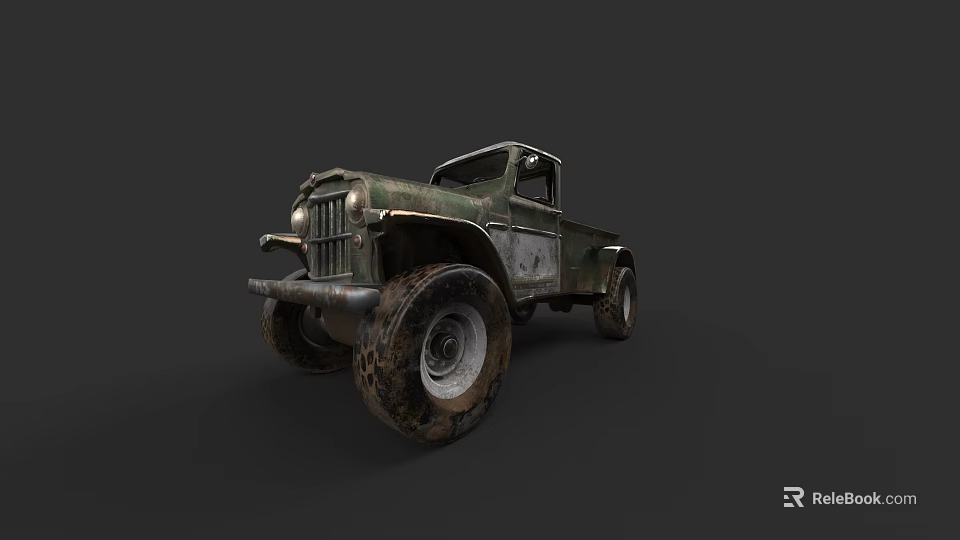 Vintage Truck With Worn Out Exterior Large Off Road Tires And Rustic Green Paint 3d model 