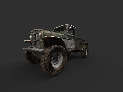 Vintage Truck With Worn Out Exterior Large Off Road Tires And Rustic Green Paint 3d model
