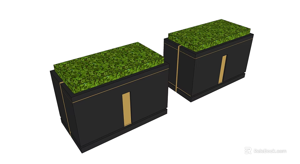 Black Rectangular Planter Boxes With Green Plants And Golden Accents 3d model 