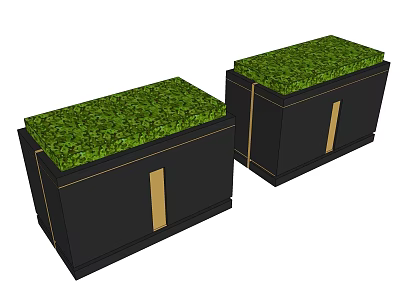 Black Rectangular Planter Boxes With Green Plants And Golden Accents 3d model