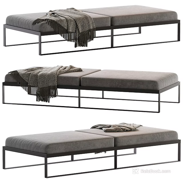 Modern Minimalist Sofa Bench With Gray Padded Seat Black Metal Frame And Gray Blanket 3d model 