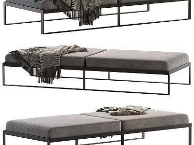 Modern Minimalist Sofa Bench With Gray Padded Seat Black Metal Frame And Gray Blanket 3d model