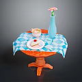 Dining Table With Blue White Checkered Tablecloth Blue Vase Pink Flower Dessert Plate And Cup