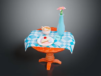 Dining Table With Blue White Checkered Tablecloth Blue Vase Pink Flower Dessert Plate And Cup 3d model