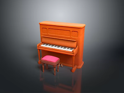 Brown Wooden Upright Piano With Pink Stool And Classic Design Features 3d model