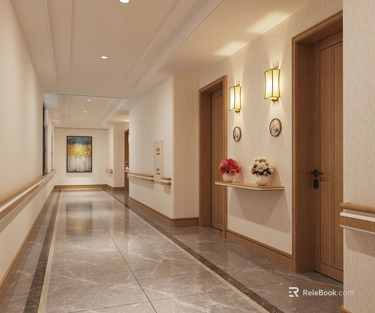 Elegant Hotel Corridor With Beige Walls Wooden Doors Wall Lamps Decorative Painting And Marble Flooring 3d model 