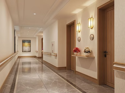Elegant Hotel Corridor With Beige Walls Wooden Doors Wall Lamps Decorative Painting And Marble Flooring 3d model