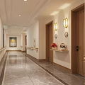 Elegant Hotel Corridor With Beige Walls Wooden Doors Wall Lamps Decorative Painting And Marble Flooring