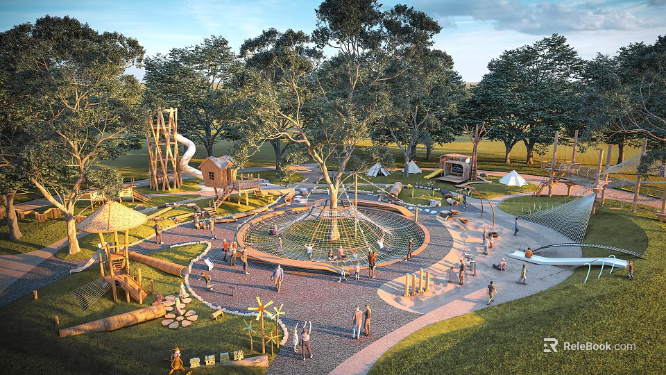 Park Landscape With Children Playing Slide Tree House Circular Plaza Tents And Green Lawn 3d model 