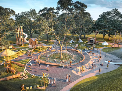 Park Landscape With Children Playing Slide Tree House Circular Plaza Tents And Green Lawn 3d model