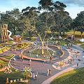 Park Landscape With Children Playing Slide Tree House Circular Plaza Tents And Green Lawn