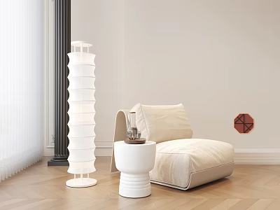 Beige Single Sofa With White Side Table Floor Lamp In Light Wall Wooden Floor Interior 3d model