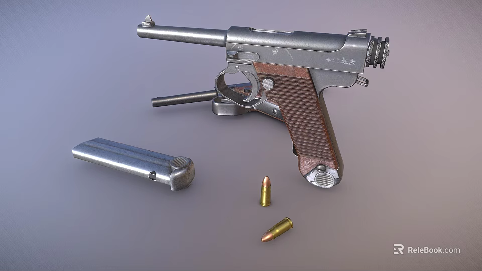 Vintage Pistol With Wooden Grip And Metal Frame Alongside Magazine And Bullets On Gray Surface 3d model 