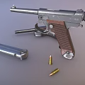 Vintage Pistol With Wooden Grip And Metal Frame Alongside Magazine And Bullets On Gray Surface
