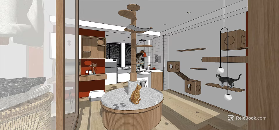 Mall Pet Shop Interior With Wooden Cat Tree Display Table And Pet Supplies 3d model 